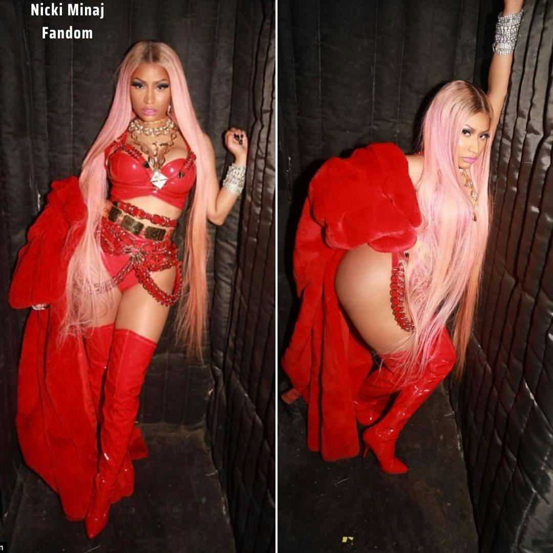 Cover Image for Lady in red: Nicki Minaj posts cheeky Instagram photos in plush wrap ahead of Billboard Music Awards.